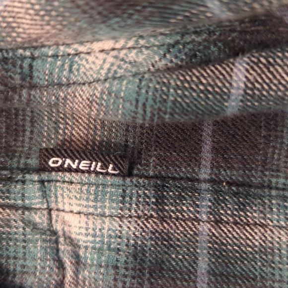 O'Neill men's flannel shirt. Teal, grey and baby blue plaid. Size L. - Picture 2 of 5
